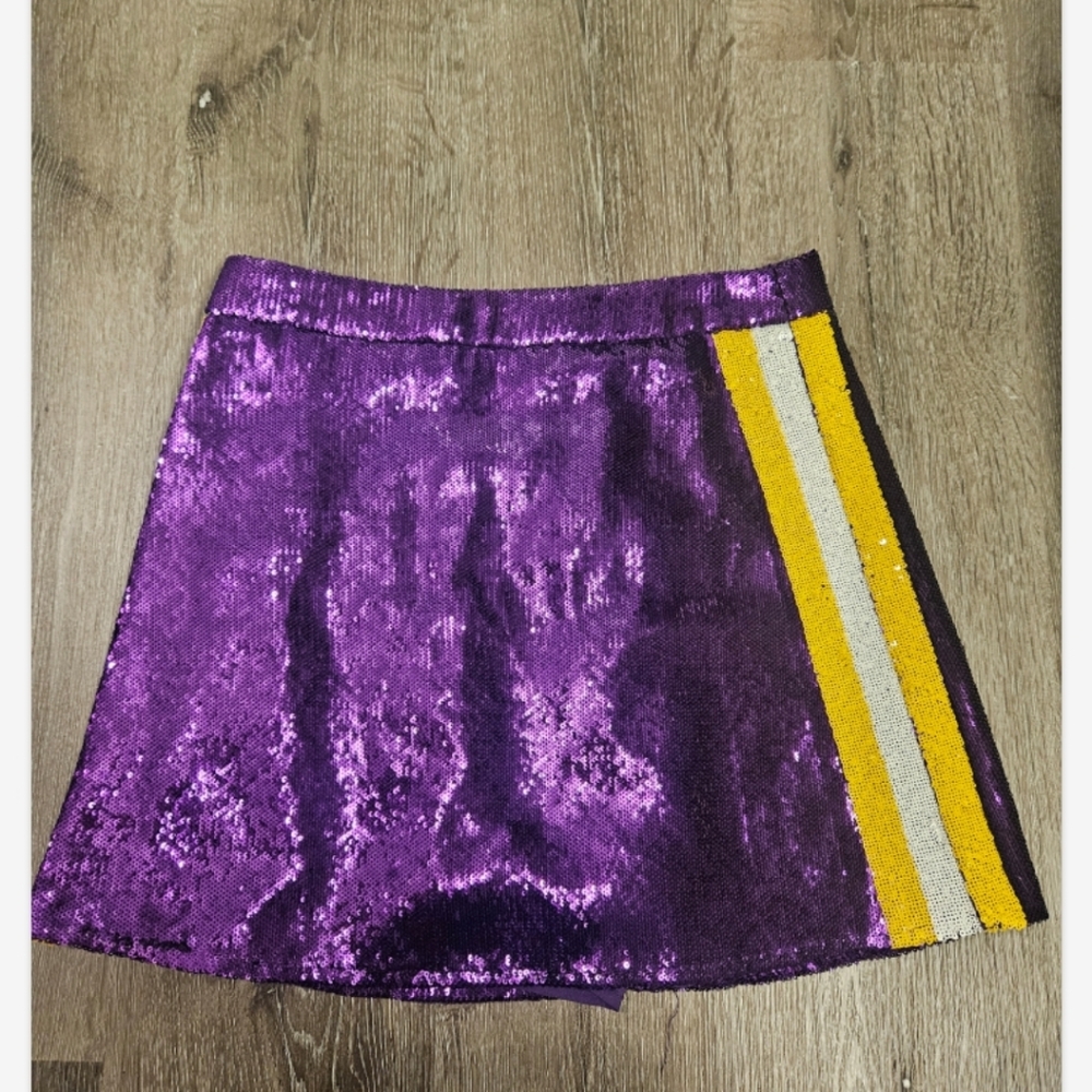 QUEEN OF SPARKLES Purple Sequin Skirt with Yellow and White Stripes